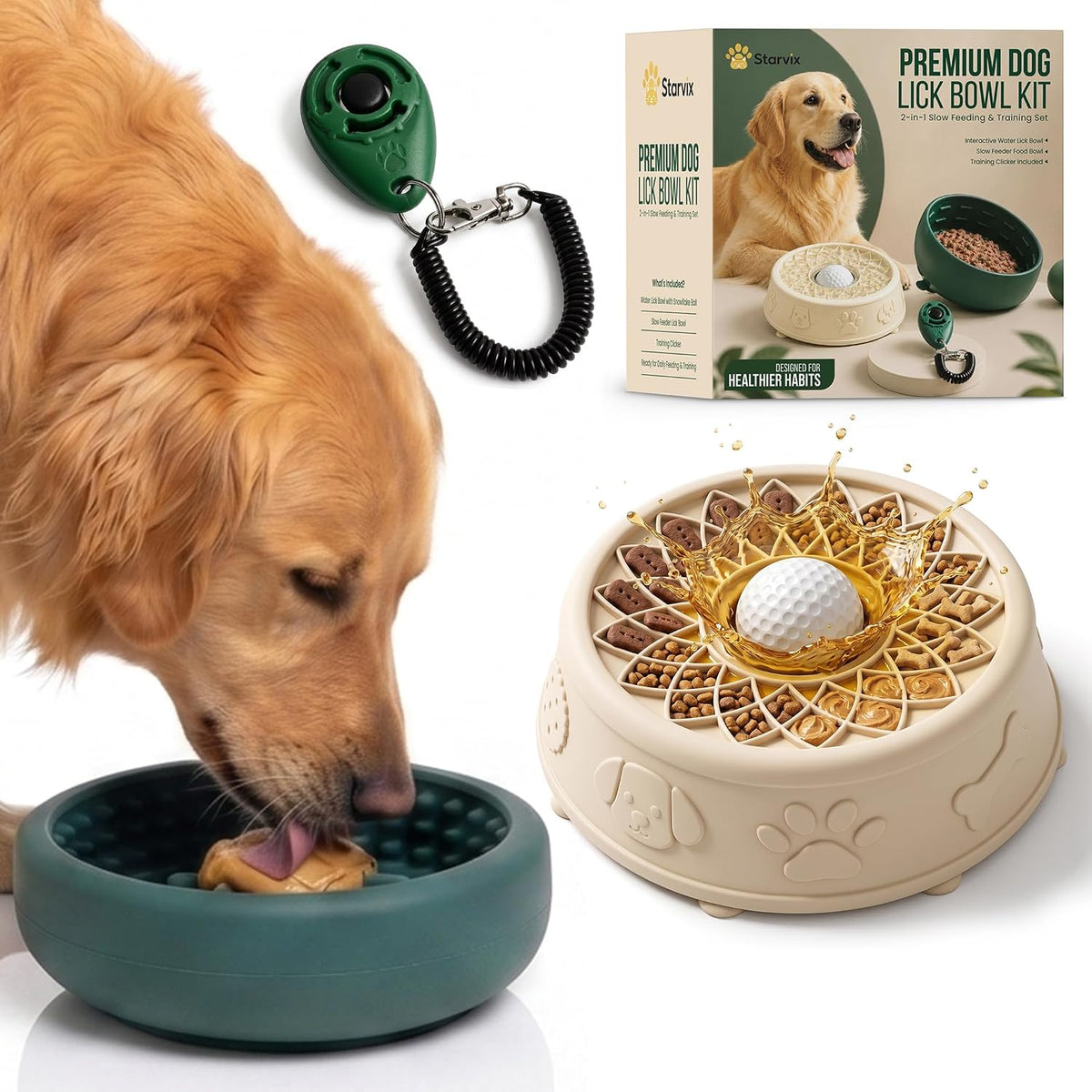 Starvix Premium Dog Lick Bowl Kit with slow feeder bowl and training clicker