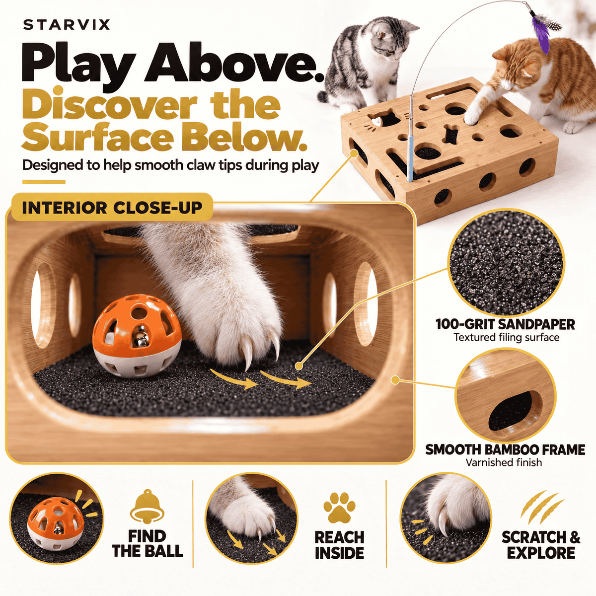 Starvix Interactive Bamboo Cat Puzzle Box — Enrichment Toy with Scratch Pads & Bell Balls