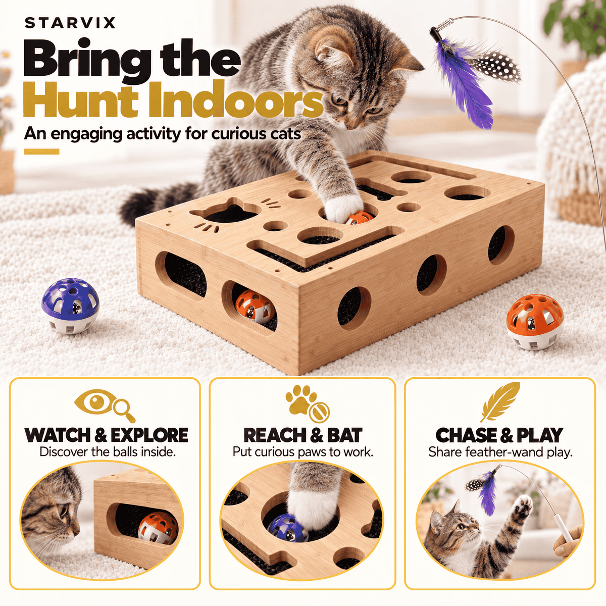 Starvix Interactive Bamboo Cat Puzzle Box — Enrichment Toy with Scratch Pads & Bell Balls