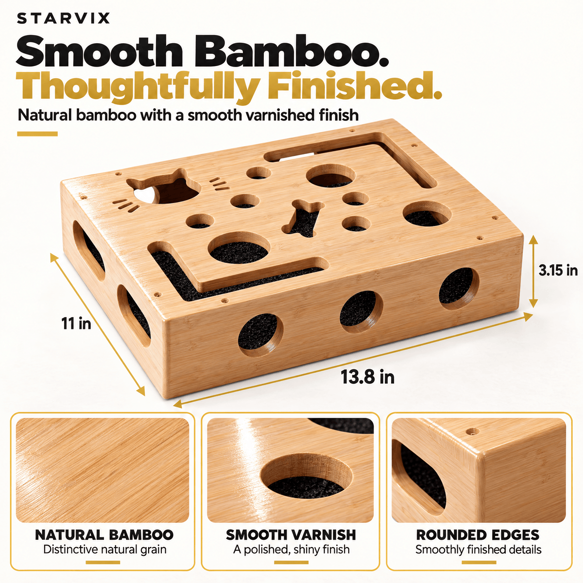 Starvix Interactive Bamboo Cat Puzzle Box — Enrichment Toy with Scratch Pads & Bell Balls