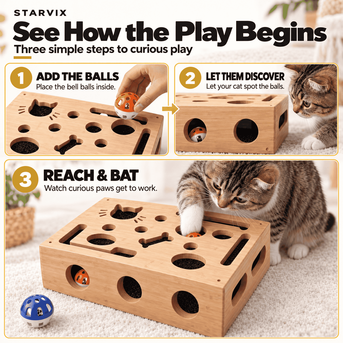 Starvix Interactive Bamboo Cat Puzzle Box — Enrichment Toy with Scratch Pads & Bell Balls