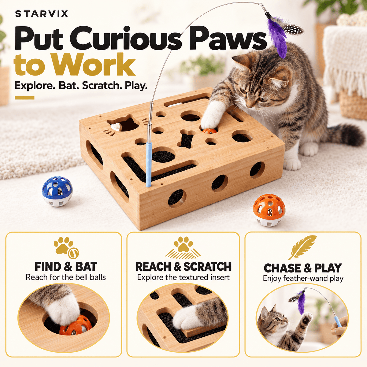 Starvix Interactive Bamboo Cat Puzzle Box — Enrichment Toy with Scratch Pads & Bell Balls