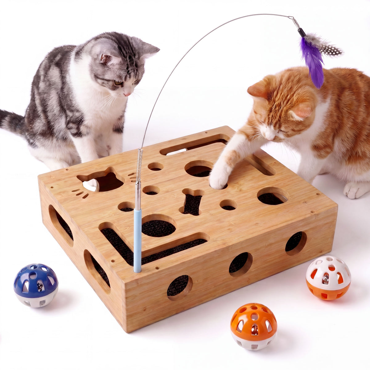 Starvix Interactive Bamboo Cat Puzzle Box — Enrichment Toy with Scratch Pads & Bell Balls