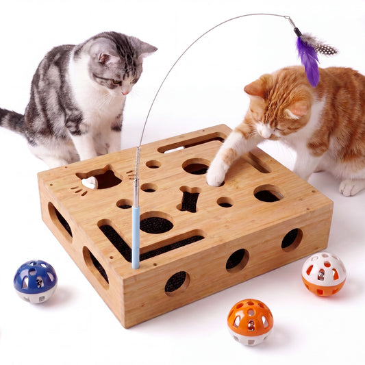 Starvix Interactive Bamboo Cat Puzzle Box — Enrichment Toy with Scratch Pads & Bell Balls
